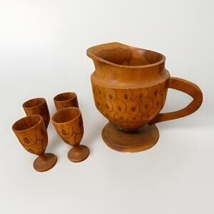 VINTAGE HAND CARVED Wood Pitcher With 4 Goblets 3306-27
